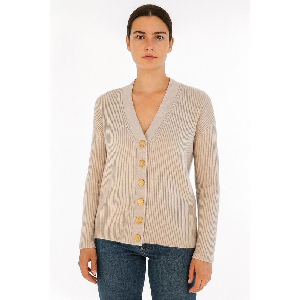 Heartbreaker 100% Cashmere Ribbed Cardigan Beige Gold Anchors Buttons - Small